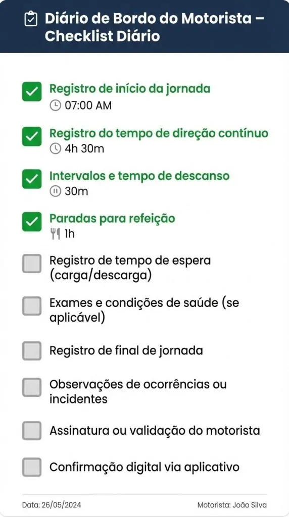 Exemplo de motorista profissional registrando a jornada de trabalho em diário de bordo digital, seguindo as regras da Lei 13.103 para controle de direção, descanso e conformidade na frota.