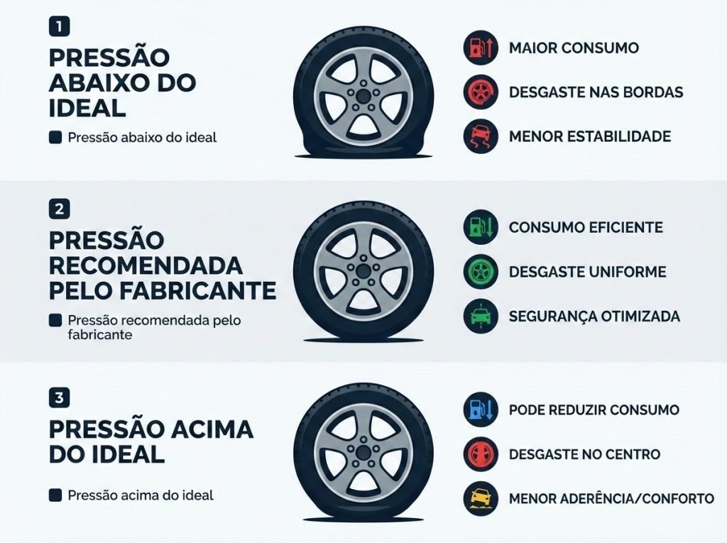Infográfico comparando pneu com pressão baixa, pressão correta e pressão alta, mostrando área de contato com o solo, impacto no consumo de combustível, desgaste irregular e segurança na gestão de frotas.