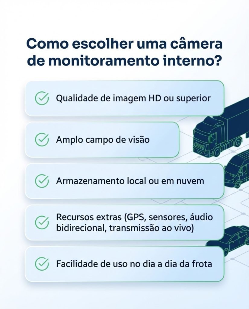 Checklist com critérios para escolher câmera de monitoramento interno para frotas, incluindo qualidade de imagem HD, campo de visão, armazenamento em nuvem, recursos como GPS e facilidade de uso.