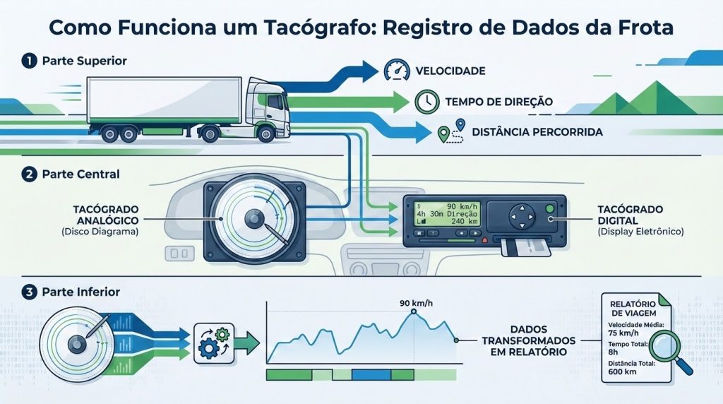 Imagem comparativa mostrando os tipos de tacógrafo: modelo analógico com disco de papel registrando velocidade e modelo digital com display eletrônico exibindo dados de jornada e quilometragem.