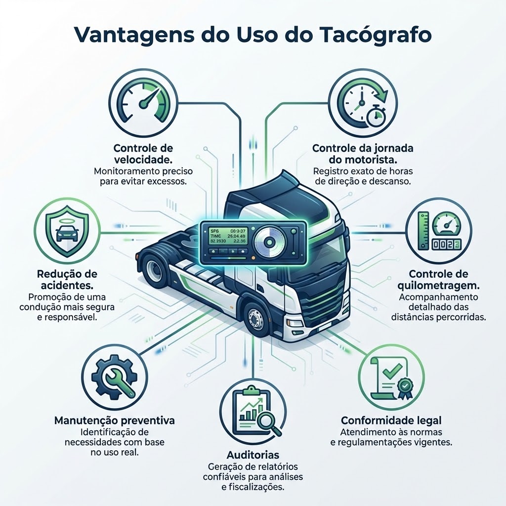 Infográfico mostrando as vantagens do uso do tacógrafo na gestão de frotas, com caminhão ao centro e ícones representando controle de velocidade, quilometragem, redução de acidentes, manutenção preventiva, conformidade legal e controle da jornada do motorista.