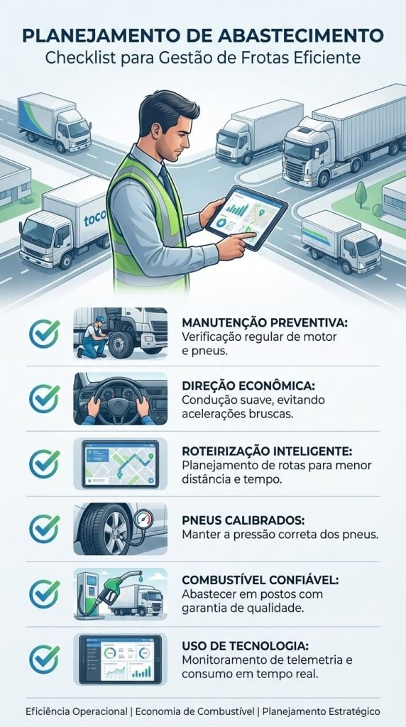 Infográfico em formato de checklist mostrando o planejamento de abastecimento na gestão de frotas, com gestor analisando dados em um tablet, caminhões leves e pesados ao fundo e ícones representando manutenção preventiva, direção econômica, roteirização, pneus calibrados, combustível confiável e uso de tecnologia para reduzir o consumo de combustível.