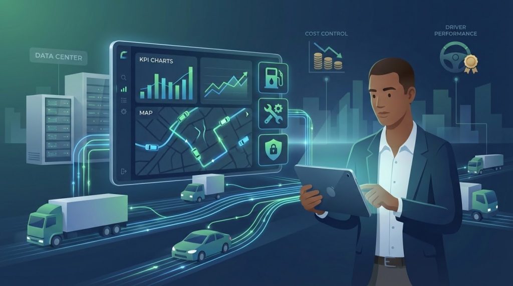 Painel digital de gestão de frota com gráficos de desempenho, rotas de veículos e indicadores de custos, representando controle operacional, segurança e eficiência.