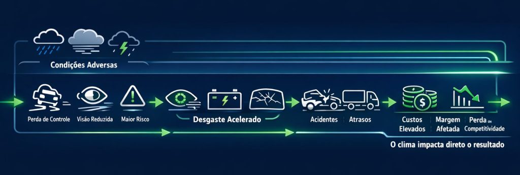 Infográfico horizontal mostra como condições climáticas adversas impactam a frota, com efeito dominó desde chuva e neblina até acidentes, atrasos e aumento de custos operacionais.