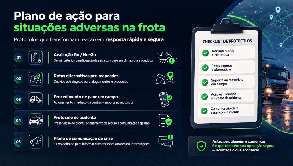 Infográfico horizontal em fundo azul escuro mostra plano de ação para frotas em situações adversas, com checklist visual de protocolos como decisão de saída, rotas alternativas, suporte em pane, gestão de acidentes e comunicação de crise.