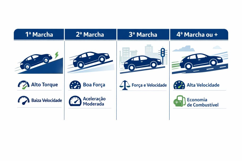 Infográfico horizontal mostrando a função das marchas do carro: primeira marcha com alto torque e baixa velocidade para arrancadas, segunda marcha com aceleração moderada, terceira marcha equilibrando força e velocidade no trânsito urbano e quarta marcha com alta velocidade e economia de combustível em rodovias.