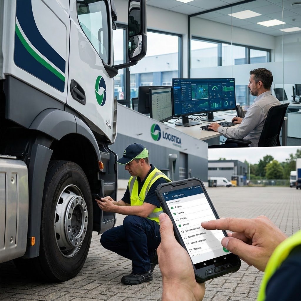Motorista realizando checklist digital do veículo pelo celular enquanto gestor acompanha dados da frota em dashboard, ilustrando o uso de aplicativo de checklist veicular na gestão de frotas.