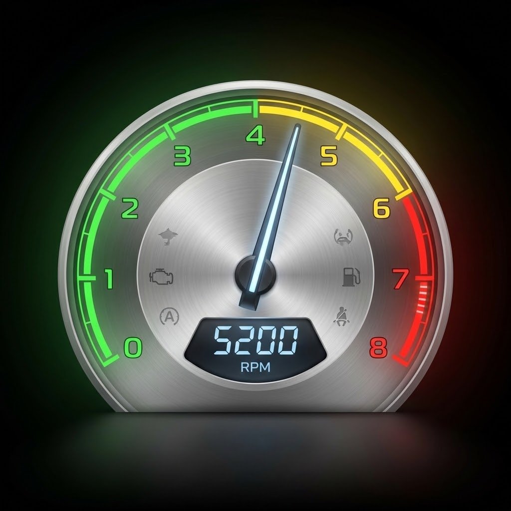 Indicador de RPM digital de painel automotivo, com semicírculo colorido mostrando faixas verde, amarela e vermelha, ponteiro apontando a rotação atual, números de 0 a 8000 RPM e luzes LED indicando faixa de desempenho do motor.