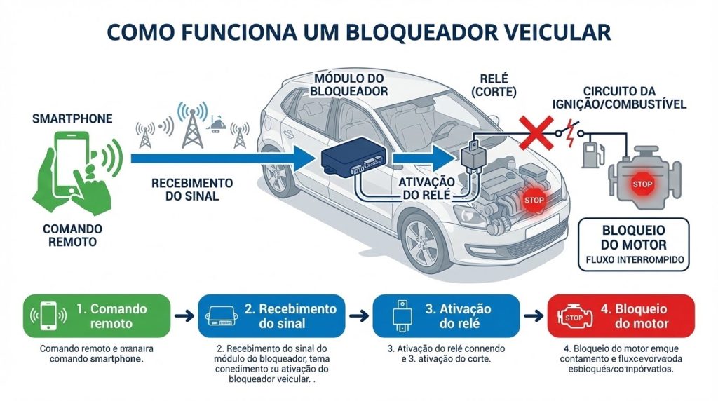 Ilustração em estilo infográfico mostrando como funciona um bloqueador veicular: veículo em corte lateral com módulo eletrônico instalado no sistema elétrico, relé conectado à ignição, envio de comando remoto por smartphone via sinal de celular e interrupção do funcionamento do motor indicada por setas explicativas.