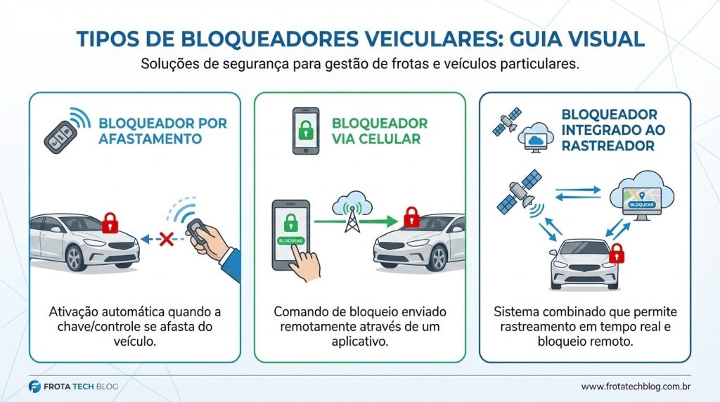 Infográfico em azul e verde apresentando três tipos de bloqueador veicular: por afastamento, com ícone de chave se distanciando do carro; via celular, com smartphone enviando comando ao veículo; e integrado ao rastreador, com ícone de GPS e painel de monitoramento, organizados em layout moderno e didático.
