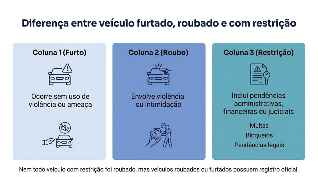 Infográfico comparativo em azul escuro e branco explica a diferença entre veículo furtado, roubado e com restrição, destacando que furto ocorre sem violência, roubo envolve intimidação e restrição inclui pendências administrativas, financeiras ou judiciais.