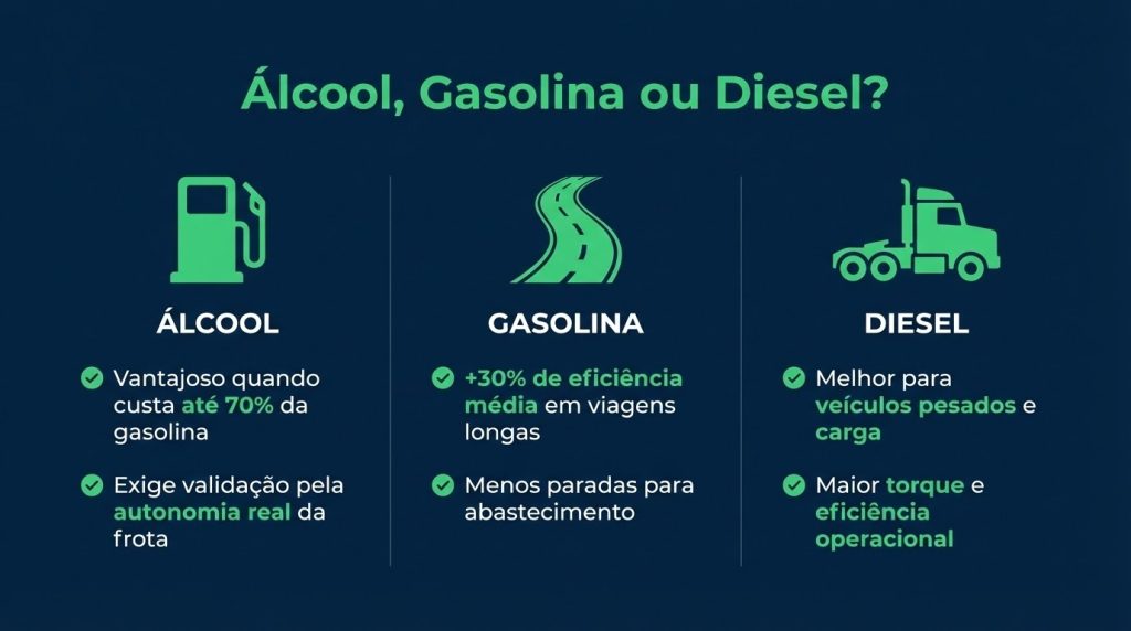 Infográfico em fundo azul escuro com detalhes em verde comparando álcool, gasolina e diesel. No topo, o título “Álcool, Gasolina ou Diesel?”. Três blocos principais com ícones ilustrativos: no primeiro, “Álcool” com destaque para a regra dos 70% do valor da gasolina e observação sobre validar pela autonomia real da frota; no segundo, “Gasolina” com indicação de 30% maior eficiência média em viagens longas e menos paradas para abastecimento; no terceiro, “Diesel” destacando melhor desempenho para veículos pesados, maior torque e eficiência operacional.