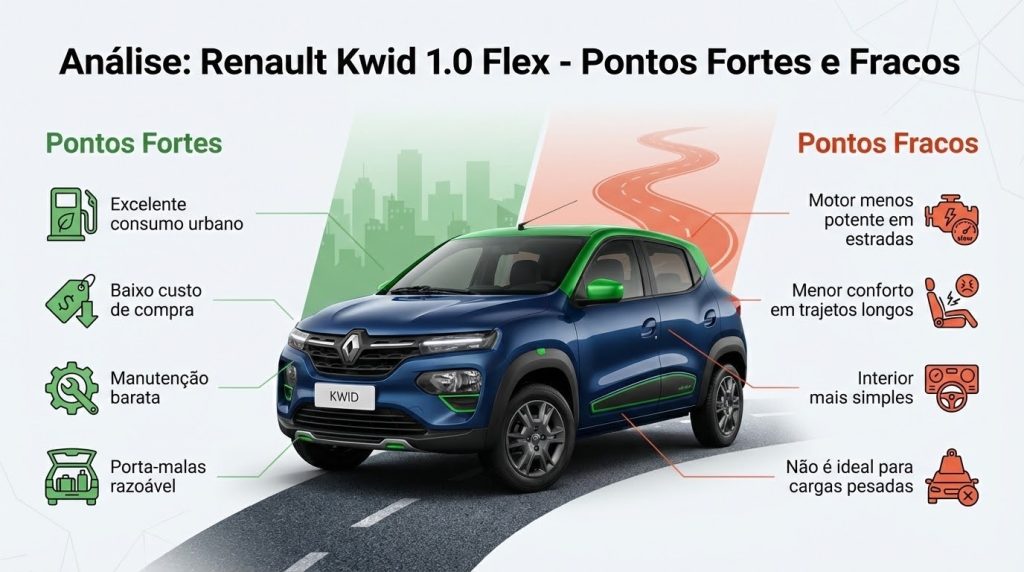 Tabela comparativa com pontos fortes e fracos do Renault Kwid para frota, destacando consumo urbano elevado, baixo custo de manutenção e limitações de espaço interno e desempenho em estrada.