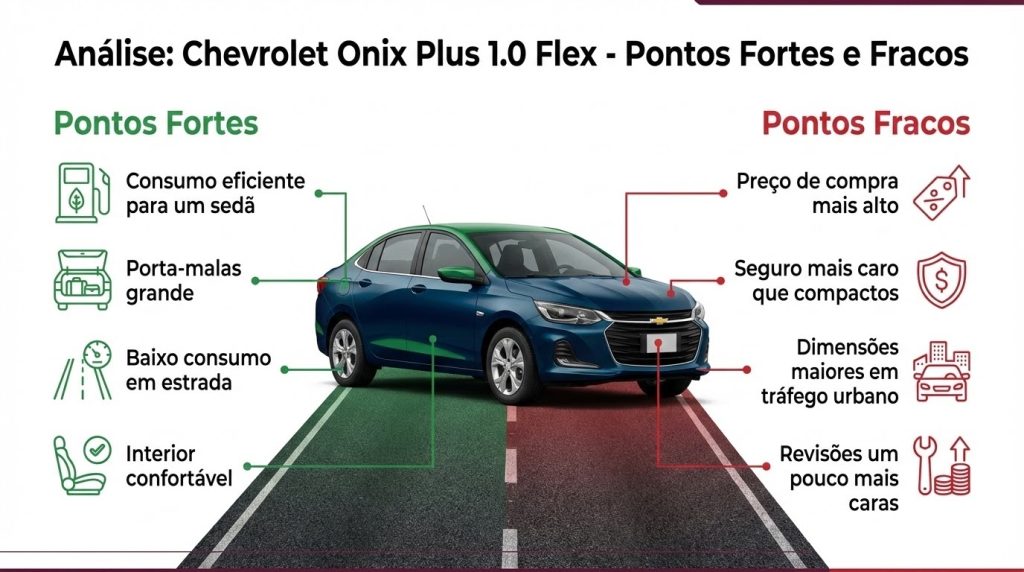 Tabela com vantagens e desvantagens do Chevrolet Onix Plus para frotas, incluindo bom consumo em estrada, porta-malas amplo e custo de aquisição mais elevado.