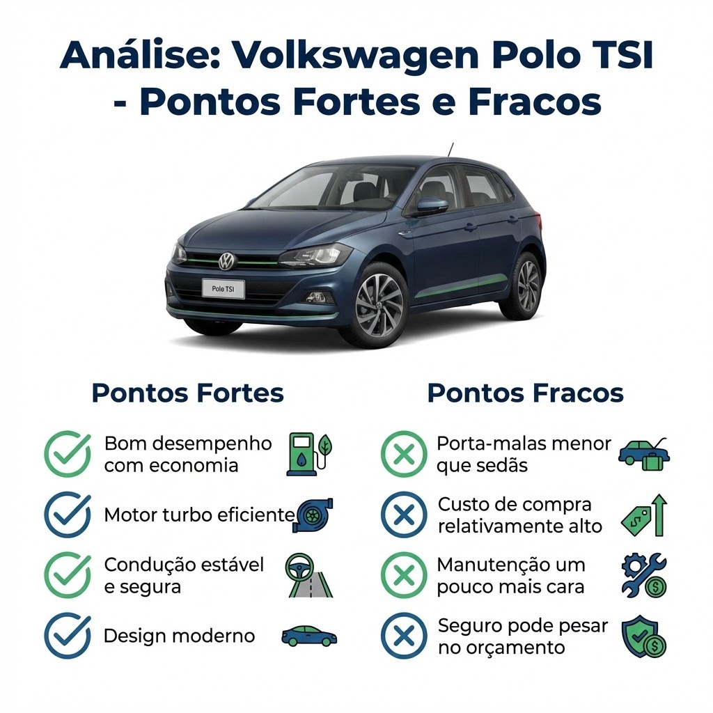 Tabela comparativa do Volkswagen Polo TSI mostrando equilíbrio entre desempenho e consumo, além de pontos como custo de manutenção e capacidade do porta-malas.