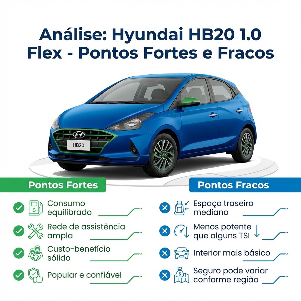 Tabela com pontos positivos e negativos do Hyundai HB20 para uso em frota, destacando consumo equilibrado, confiabilidade e espaço interno moderado.
