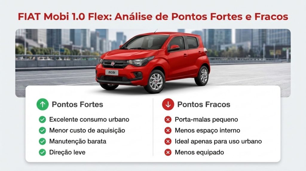 Tabela com análise de prós e contras do Fiat Mobi para frotas urbanas, enfatizando baixo custo de aquisição, consumo eficiente e porta-malas reduzido.