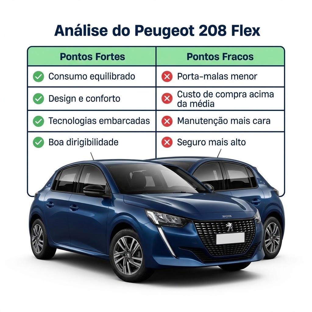 Tabela comparativa do Peugeot 208 com destaques para eficiência no consumo, conforto e possíveis custos mais elevados de manutenção.