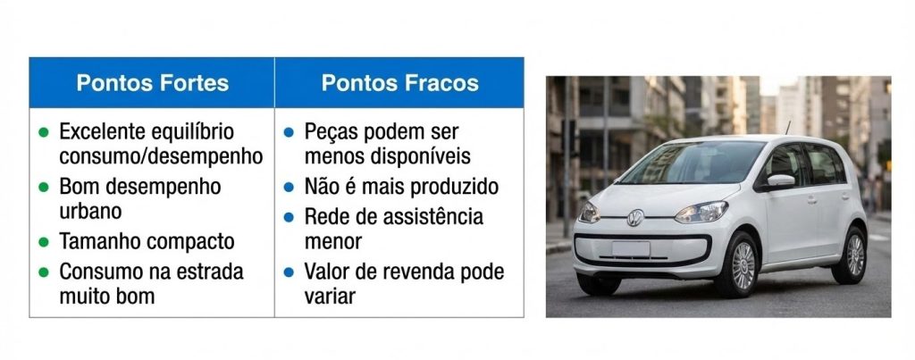 Tabela com vantagens e desvantagens do Volkswagen Up! para frota, ressaltando bom consumo em estrada, desempenho turbo e fato de estar fora de linha.