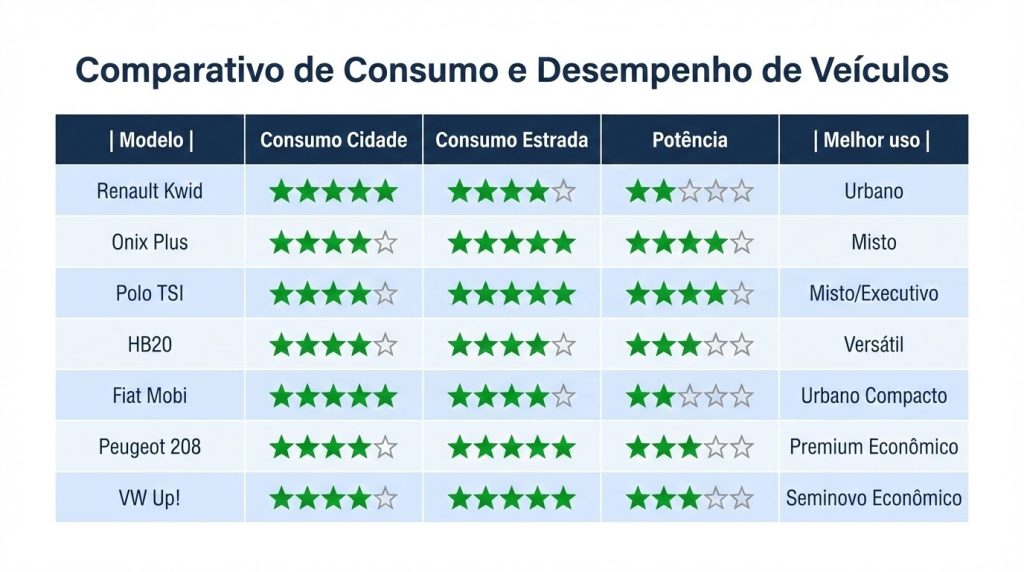 Tabela comparativa geral dos carros mais econômicos do Brasil para frotas, com avaliação de consumo na cidade, consumo na estrada, potência do motor e melhor tipo de uso.