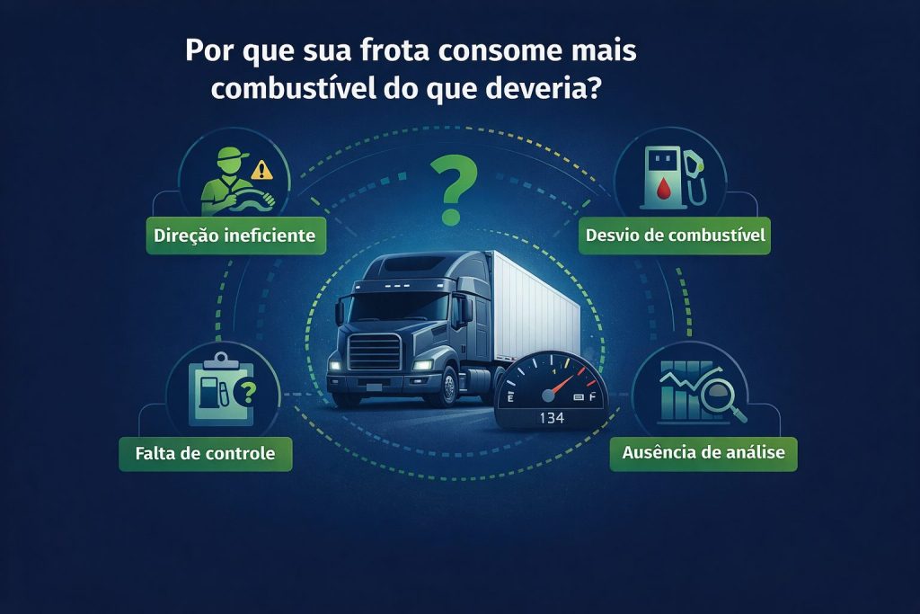 Infográfico em tons de azul escuro e verde mostrando um caminhão no centro com indicação de problema no consumo de combustível. Ao redor, ícones representam os principais fatores: direção ineficiente, desvio de combustível, falta de controle e ausência de análise de dados. O layout é circular, com elementos conectados ao veículo, destacando de forma visual as causas do alto consumo na frota.