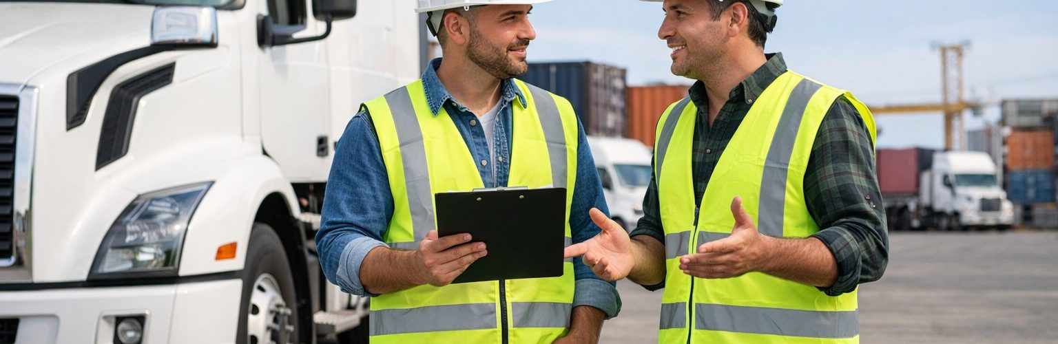 Dois profissionais de logística usando capacetes e coletes refletivos conversam ao lado de um caminhão em pátio industrial, representando alinhamento operacional, segurança no trabalho e cultura preventiva no transporte.
