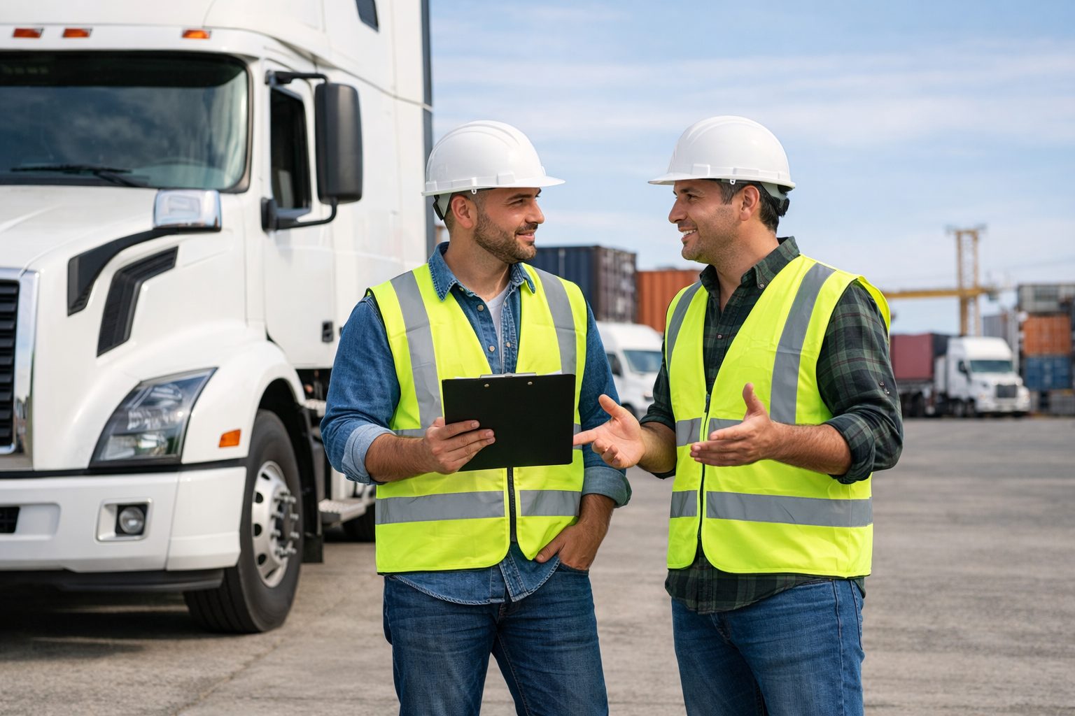 Dois profissionais de logística usando capacetes e coletes refletivos conversam ao lado de um caminhão em pátio industrial, representando alinhamento operacional, segurança no trabalho e cultura preventiva no transporte.