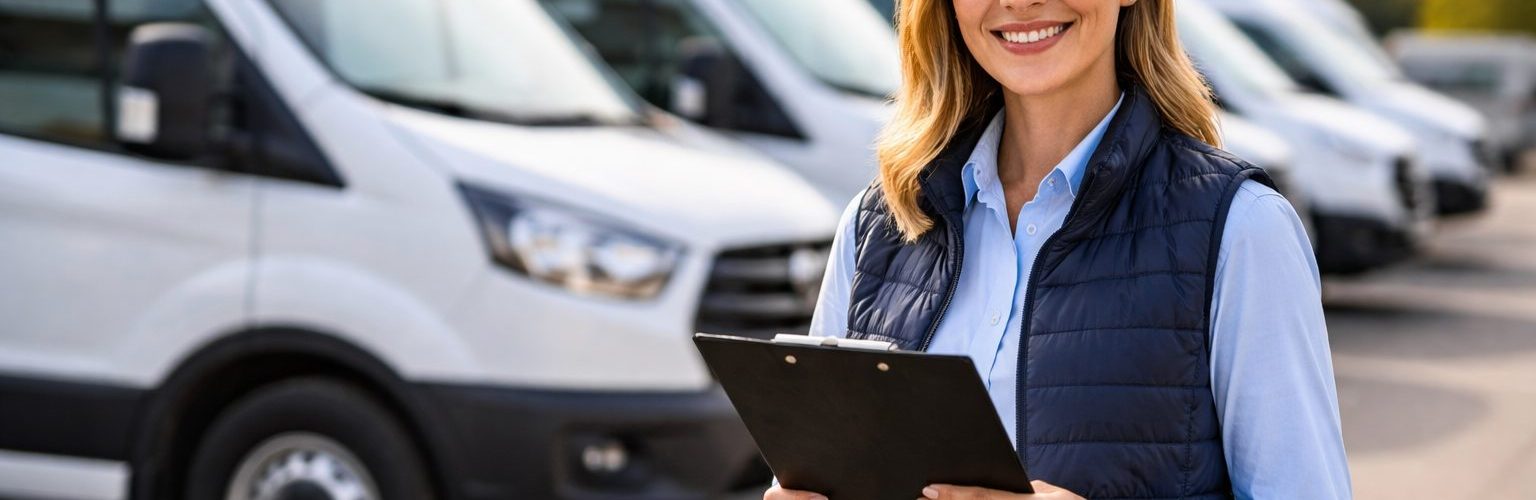 Profissional de logística ao lado de veículo utilitário em ambiente urbano, representando planejamento de frota, controle operacional e gestão eficiente de veículos corporativos com foco em produtividade e redução de custos.