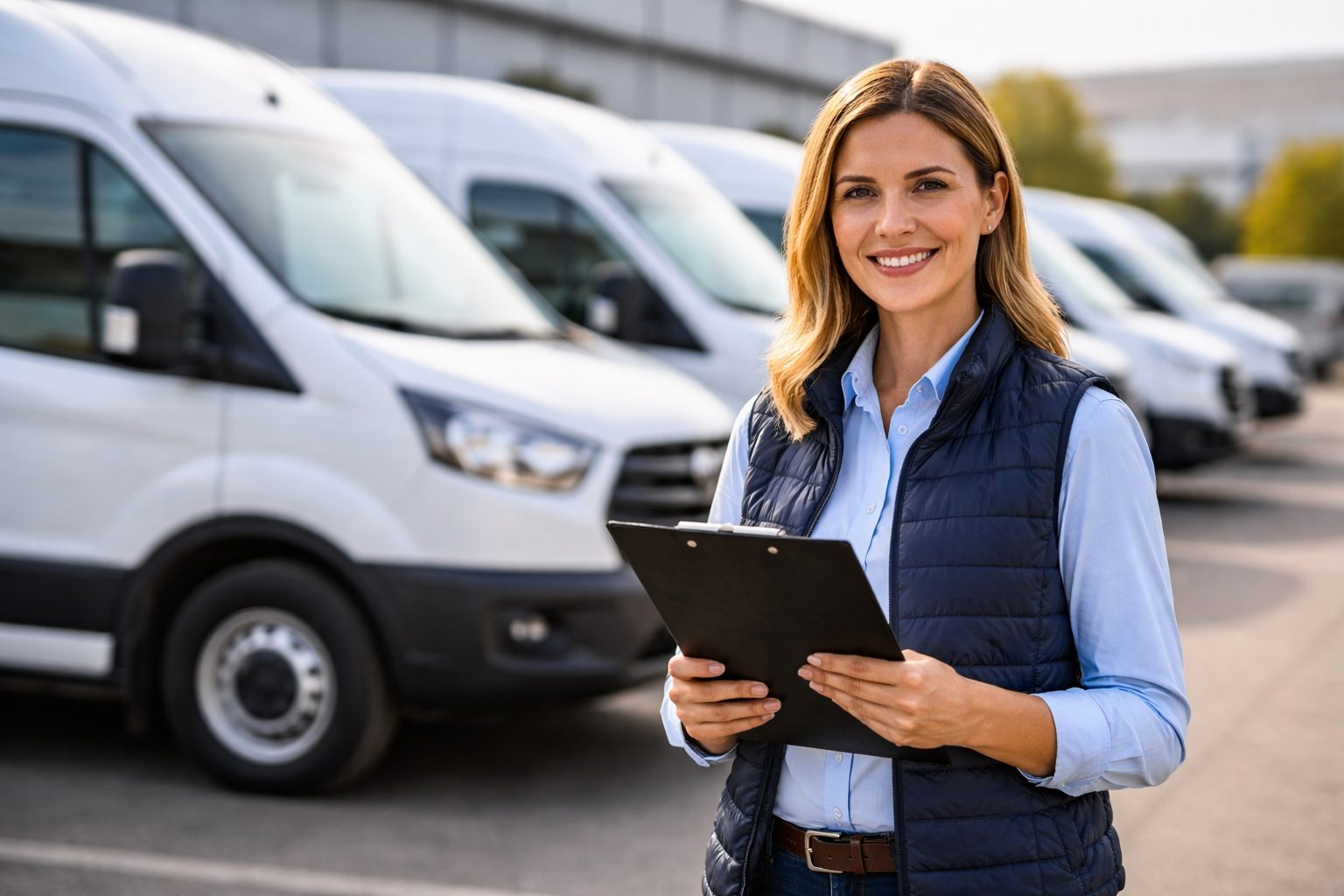 Profissional de logística ao lado de veículo utilitário em ambiente urbano, representando planejamento de frota, controle operacional e gestão eficiente de veículos corporativos com foco em produtividade e redução de custos.