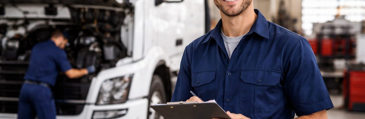 Mecânico uniformizado segura prancheta em oficina enquanto caminhão passa por manutenção ao fundo, representando gestão de manutenção de frota, controle operacional e inspeção preventiva de veículos pesados.