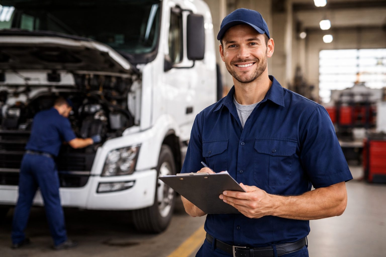Mecânico uniformizado segura prancheta em oficina enquanto caminhão passa por manutenção ao fundo, representando gestão de manutenção de frota, controle operacional e inspeção preventiva de veículos pesados.
