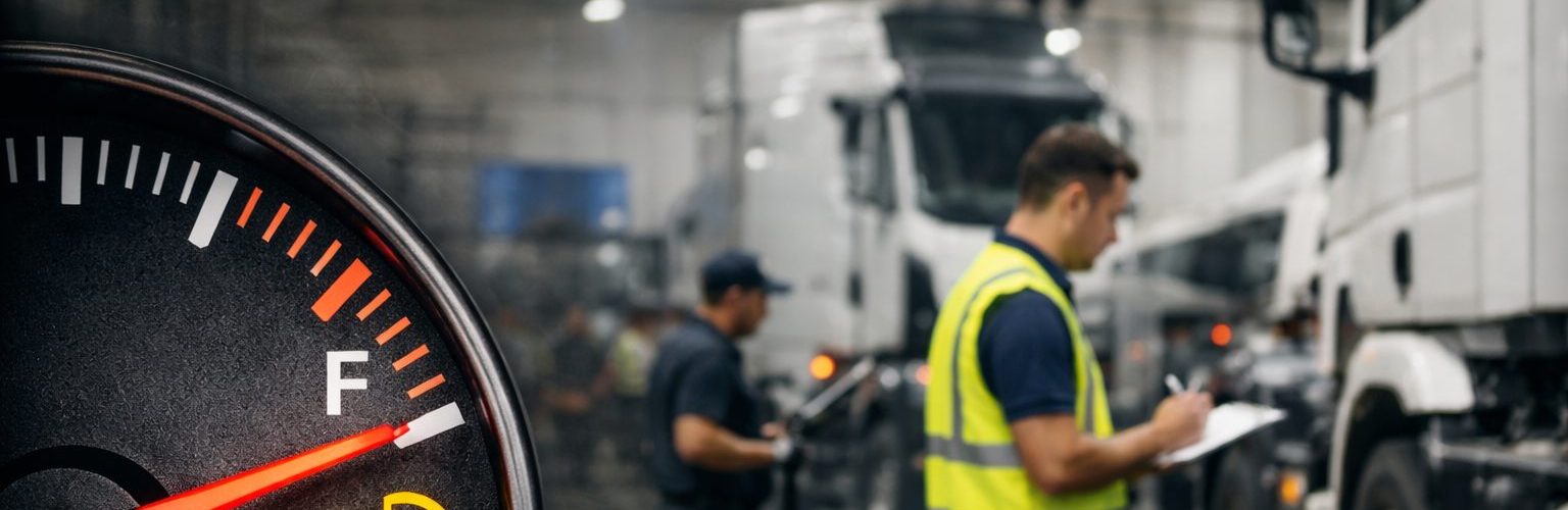 Painel de caminhão em close-up mostrando marcador de combustível próximo ao vazio, com iluminação do painel destacando o nível do tanque, simbolizando alto consumo e necessidade de controle na frota.