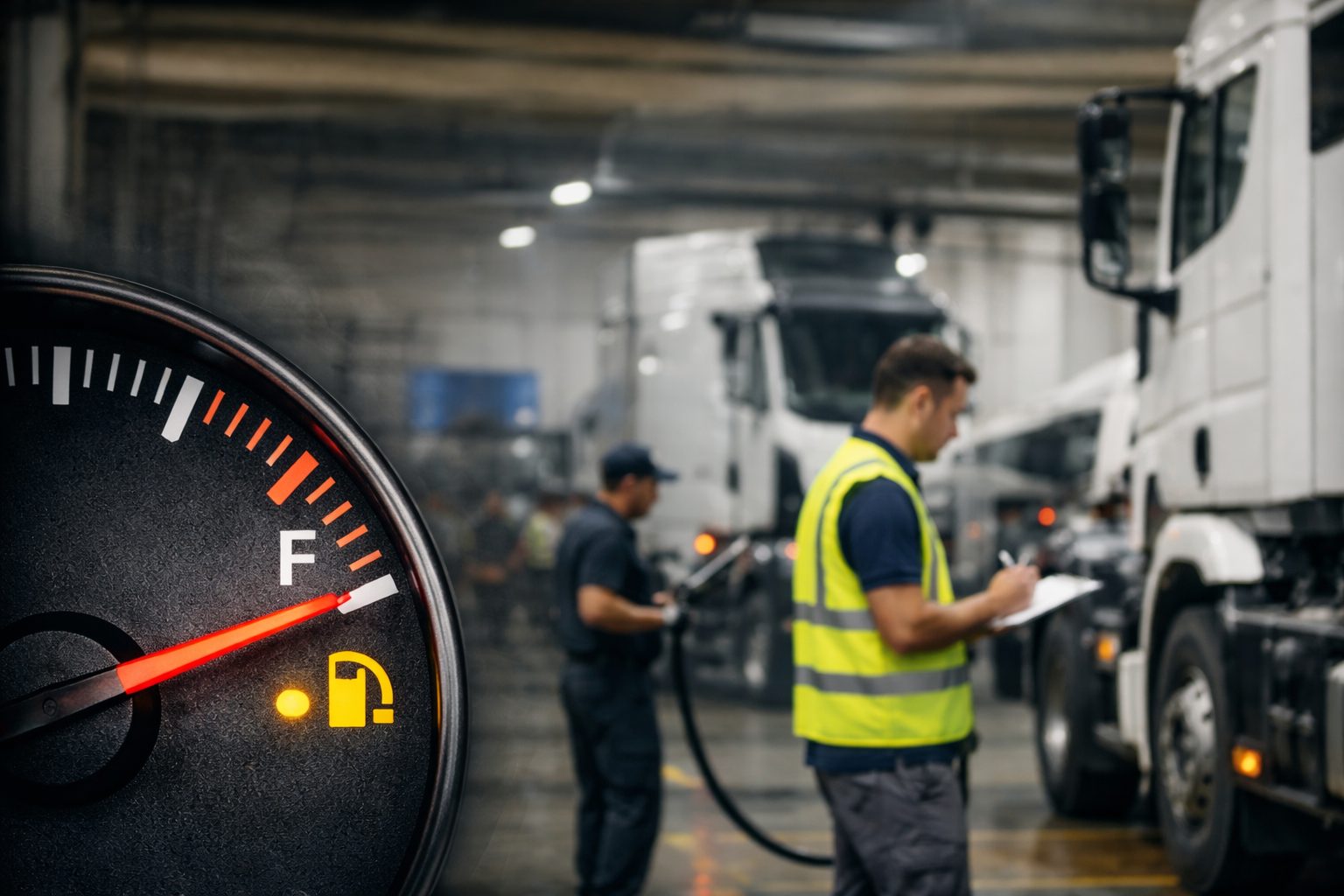 Painel de caminhão em close-up mostrando marcador de combustível próximo ao vazio, com iluminação do painel destacando o nível do tanque, simbolizando alto consumo e necessidade de controle na frota.