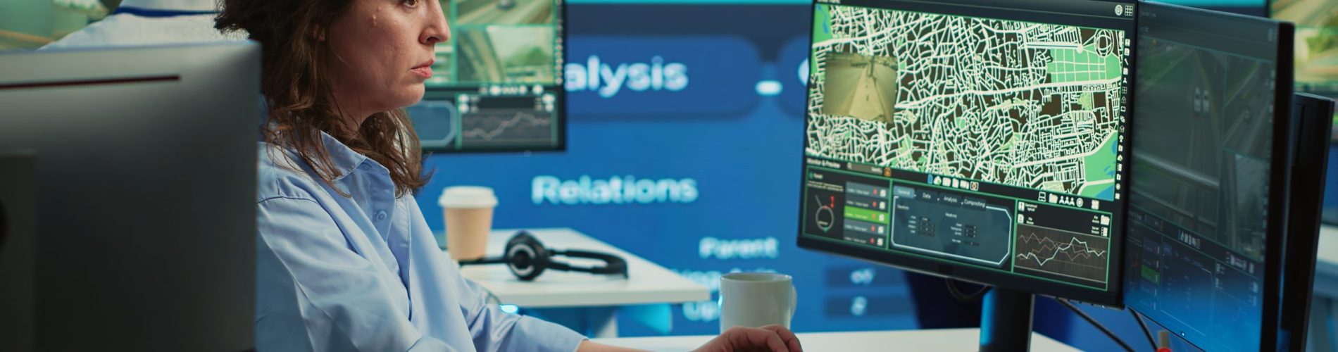 Profissional analisando rastreamento de veículos em mapa digital com rota e localização em tempo real, representando o funcionamento de um rastreador veicular