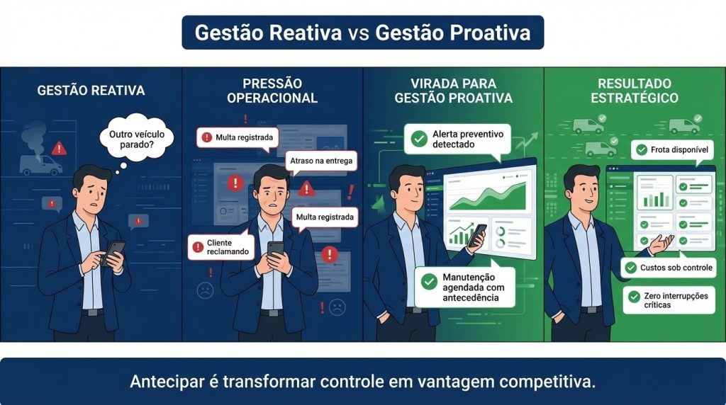 Ilustração em formato 16:9 estilo quadrinho corporativo mostrando a transformação de um gestor de frotas da gestão reativa para a gestão proativa. Nas duas primeiras cenas, em tons de azul escuro, o gestor aparece preocupado ao receber alertas de veículo parado, multa e atraso na entrega, com ícones de van com falha e notificações de problema. Nas duas últimas cenas, com predominância de verde, ele aparece confiante diante de um dashboard organizado com indicadores positivos, alertas preventivos e veículos rodando com sinal de verificação. No topo está o título “Gestão Reativa vs Gestão Proativa” e no rodapé a frase “Antecipar é transformar controle em vantagem competitiva.”