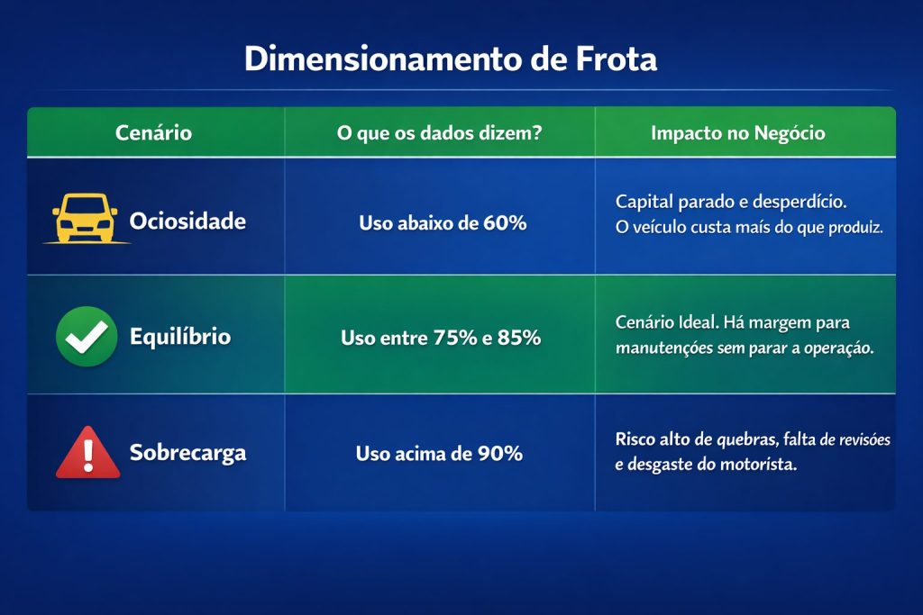 Tabela explicativa sobre dimensionamento de frota mostrando três cenários de utilização de veículos: ociosidade com uso abaixo de 60% gerando capital parado, equilíbrio com uso entre 75% e 85% indicando cenário ideal, e sobrecarga com uso acima de 90% aumentando risco de quebras e desgaste operacional.
