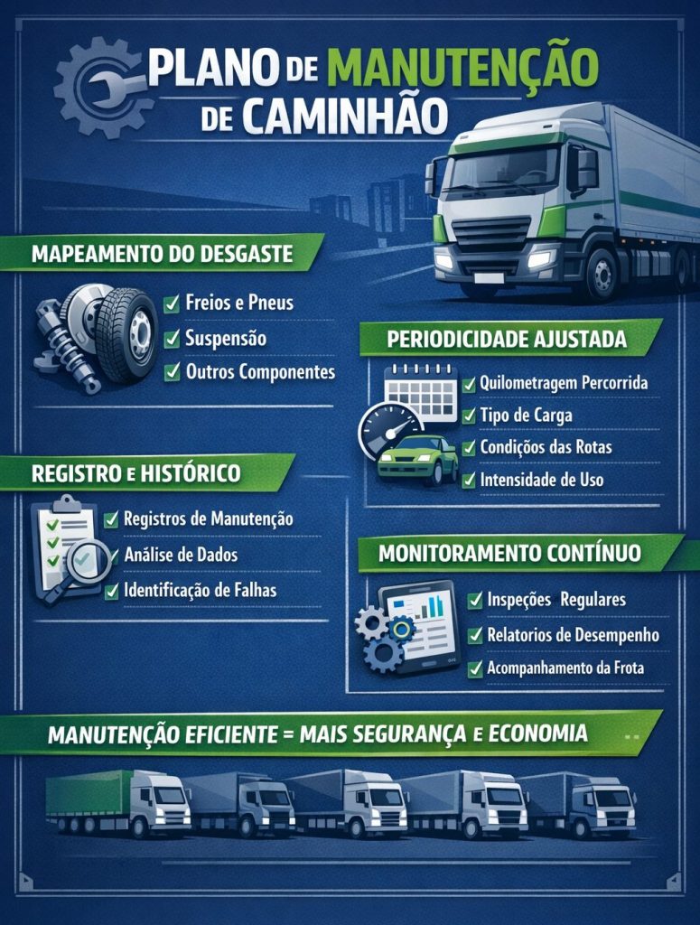 Checklist ilustrado mostrando etapas para montar um plano de manutenção de caminhão eficiente, incluindo mapeamento do desgaste de componentes, definição de periodicidade baseada no uso do veículo e registro do histórico de manutenções.