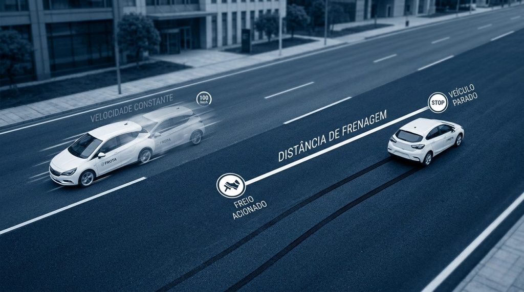 Veículo de frota freando em pista molhada com marcações de 36 m e 50 m, ilustrando como condições adversas aumentam a distância de frenagem e o risco de colisão.
