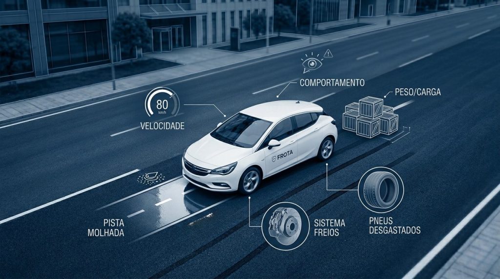 Infográfico com veículo cercado por ícones de velocidade, pneus desgastados, carga, pista molhada e sistema de freios, mostrando fatores que influenciam a distância de frenagem.
