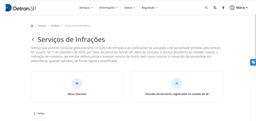 Tela do site Detran onde podem ser consultadas infrações.