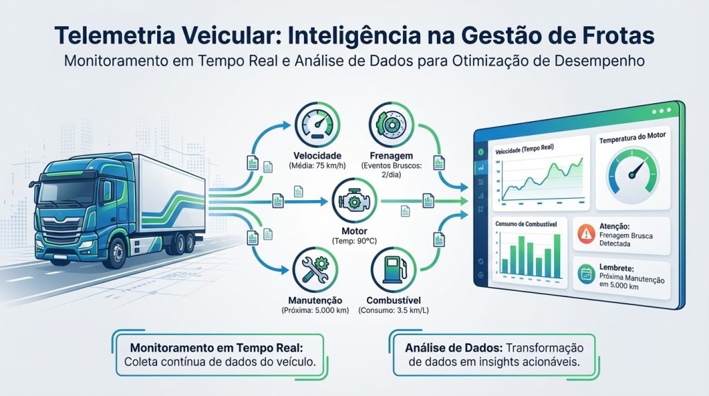 Ilustração de telemetria veicular mostrando caminhão conectado a painel de dados com indicadores de desempenho e monitoramento da frota.
