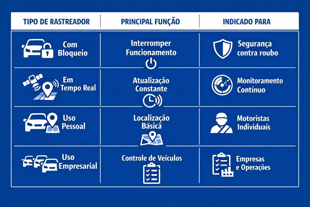 Tabela comparativa de tipos de rastreador de carros com funções como bloqueio, monitoramento em tempo real e uso pessoal ou empresarial