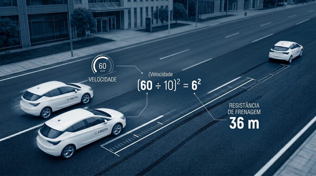 Imagem didática mostrando cálculo da distância de frenagem com veículo a 60 km/h, fórmula simplificada e resultado de 36 metros representado no asfalto.