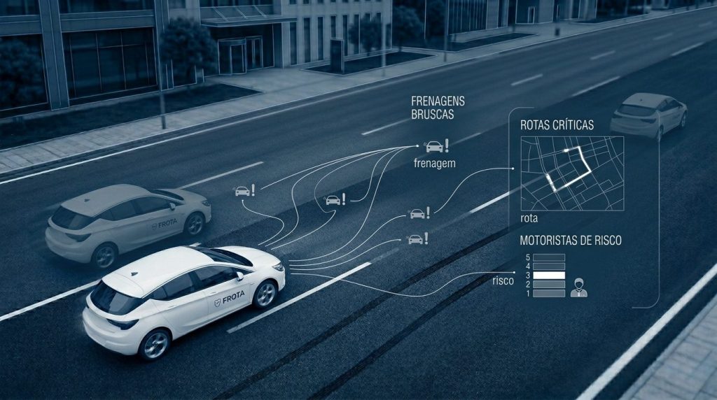 Ilustração de carro com marcação no asfalto mostrando o percurso desde o acionamento do freio até a parada completa, representando o conceito de distância de frenagem.