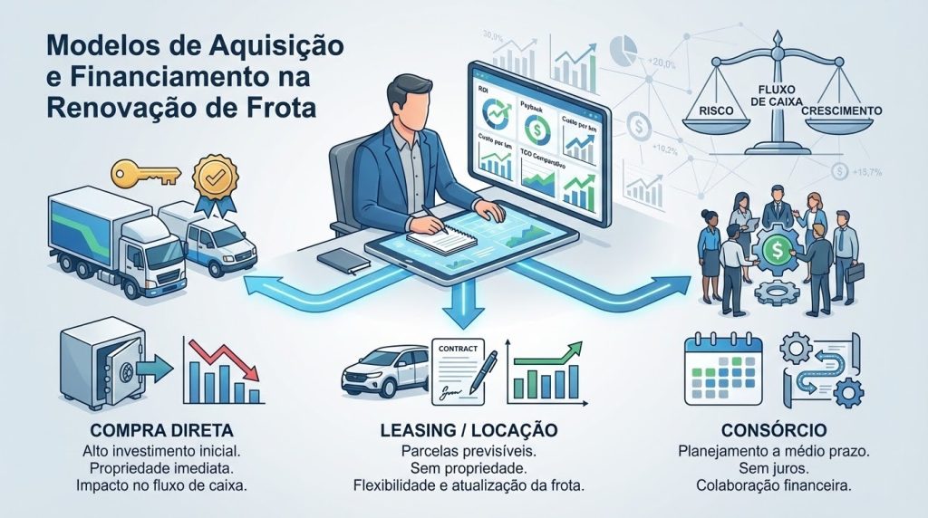 Ilustração vetorial corporativa mostrando um gestor de frota analisando dados financeiros em um tablet, com três caminhos estratégicos à frente representando compra direta, leasing e consórcio. Cada opção é ilustrada com um veículo e ícones financeiros como contrato, chave de propriedade, calendário de parcelas e gráficos de ROI e payback. Ao fundo, elementos visuais de fluxo de caixa, custo por quilômetro e análise de TCO simbolizam a tomada de decisão estratégica na renovação de frota.