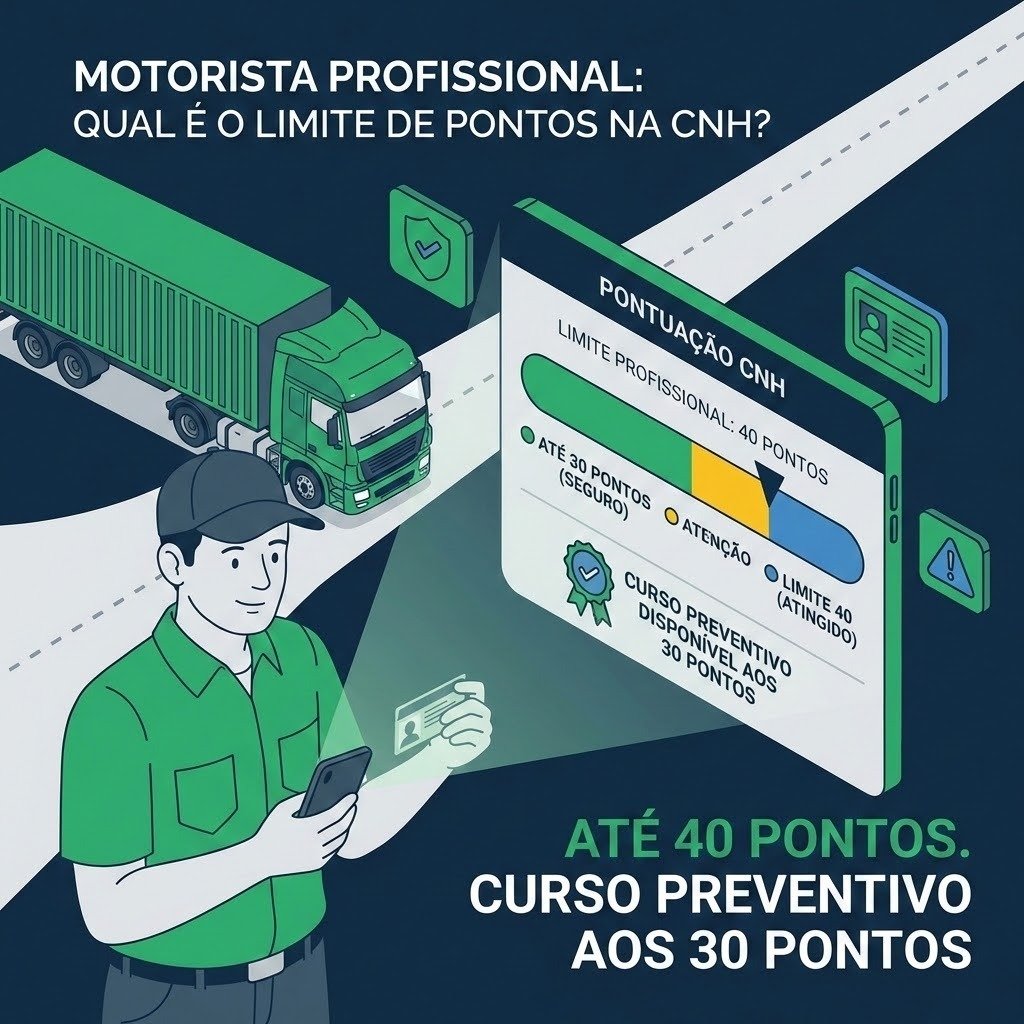 Ilustração de caminhoneiro ao lado de caminhão consultando pontuação da CNH em smartphone, com destaque para limite de 40 pontos para motorista profissional.