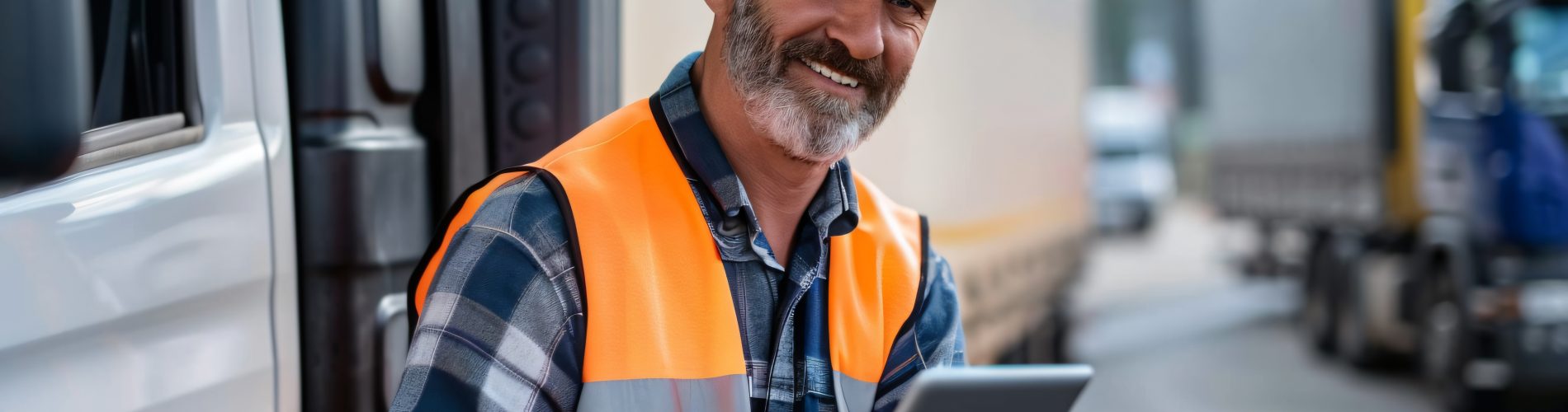 Uma foto vertical externa, ligeiramente abaixo, mostra um motorista de caminhão sorrindo, de barba grisalha e cabelos brancos, usando um capacete branco, uma camisa xadrez azul e amarela e um colete de segurança laranja, segurando um tablet digital enquanto se inclina contra um caminhão branco. Ele está olhando para a câmera com uma expressão amigável. Seus dois braços estão segurando o tablet. No fundo, há mais dois caminhões desfocados estacionados atrás dele. O caminhão branco mais próximo está desfocado em primeiro plano, mas a mão direita do motorista está sobre ele. O dia está ensolarado e a luz do sol brilha em sua mão e em seu tablet.