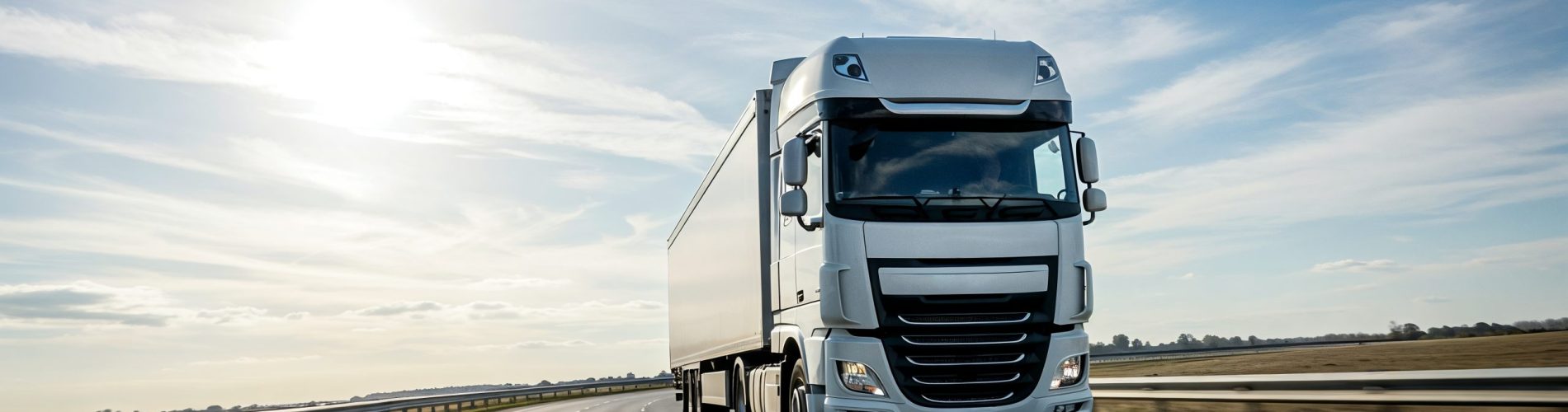 Caminhão de carga rodando em rodovia ensolarada, representando operação de frota e transporte rodoviário de cargas.