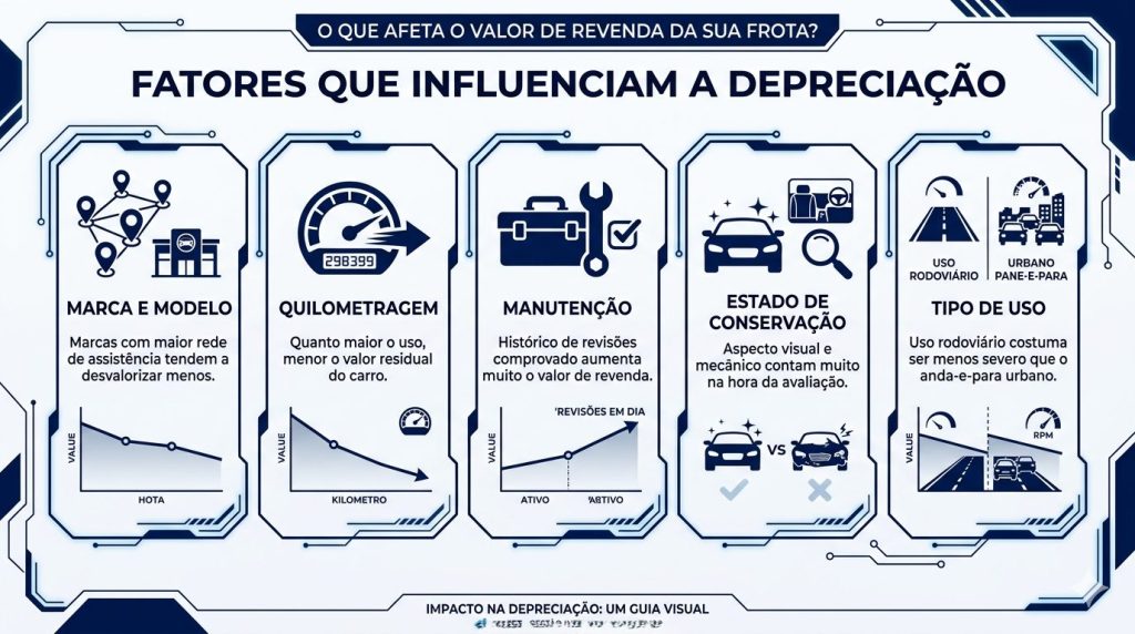 Infográfico horizontal com fundo branco e detalhes em azul marinho sobre fatores que influenciam a depreciação de veículos. O design apresenta cinco colunas com ícones modernos: Marca e Modelo, Quilometragem, Manutenção, Estado de Conservação e Tipo de Uso. Cada coluna contém uma breve explicação sobre como esses elementos impactam o valor residual e o custo de frota, com o rodapé assinado pela INFLEET - Gestão Inteligente de Ativos.