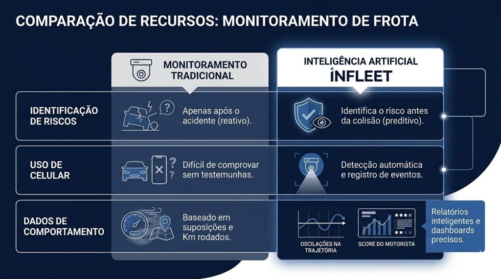 Tabela comparativa de recursos de monitoramento de frota. O design usa blocos azul marinho e branco. Na coluna 